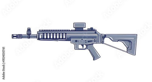 firearm, assault, rifle, gun, weapon, cartoon, illustration, isolated, white, military, army, combat, tactical, shooter, battle, defense, war, ammo, magazine, barrel, trigger, stock, sight, modern, au