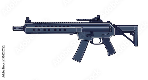 firearm, assault, rifle, gun, weapon, cartoon, illustration, isolated, white, military, army, combat, tactical, shooter, battle, defense, war, ammo, magazine, barrel, trigger, stock, sight, modern, au