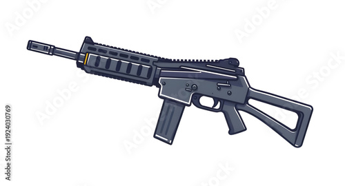 firearm, assault, rifle, gun, weapon, cartoon, illustration, isolated, white, military, army, combat, tactical, shooter, battle, defense, war, ammo, magazine, barrel, trigger, stock, sight, modern, au