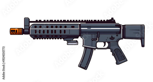 firearm, assault, rifle, gun, weapon, cartoon, illustration, isolated, white, military, army, combat, tactical, shooter, battle, defense, war, ammo, magazine, barrel, trigger, stock, sight, modern, au