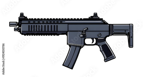 firearm, assault, rifle, gun, weapon, cartoon, illustration, isolated, white, military, army, combat, tactical, shooter, battle, defense, war, ammo, magazine, barrel, trigger, stock, sight, modern, au