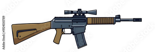 weapon, rifle, assault, gun, firearm, cartoon, illustration, isolated, white, military, combat, army, tactical, shooter, battle, defense, war, ammo, magazine, barrel, trigger, stock, sight, modern, au