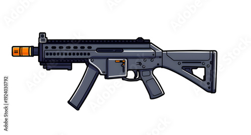 weapon, rifle, assault, gun, firearm, cartoon, illustration, isolated, white, military, combat, army, tactical, shooter, battle, defense, war, ammo, magazine, barrel, trigger, stock, sight, modern, au