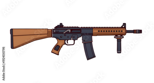 weapon, rifle, assault, gun, firearm, cartoon, illustration, isolated, white, military, combat, army, tactical, shooter, battle, defense, war, ammo, magazine, barrel, trigger, stock, sight, modern, au