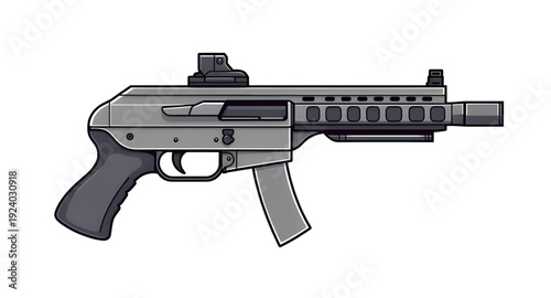 firearm, rifle, assault, gun, weapon, cartoon, illustration, isolated, white, military, combat, army, tactical, shooter, battle, defense, war, ammo, magazine, barrel, trigger, stock, sight, modern, au