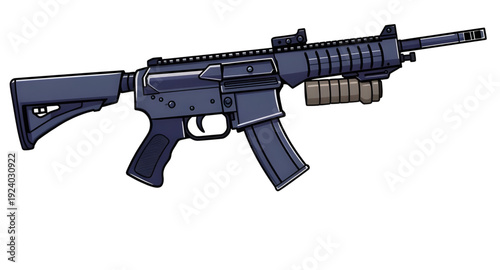 firearm, rifle, assault, gun, weapon, cartoon, illustration, isolated, white, military, combat, army, tactical, shooter, battle, defense, war, ammo, magazine, barrel, trigger, stock, sight, modern, au