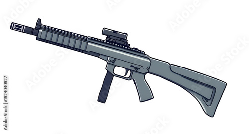 firearm, rifle, assault, gun, weapon, cartoon, illustration, isolated, white, military, combat, army, tactical, shooter, battle, defense, war, ammo, magazine, barrel, trigger, stock, sight, modern, au