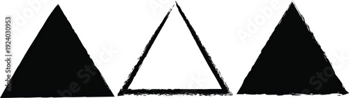 Three distinct black grunge triangles, two solid and one outlined frame, displaying rough textures on white