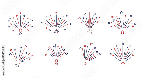 Patriotic firework icon set. Includes 8 explosion symbols. Created in flat style with red, white, and blue colors.