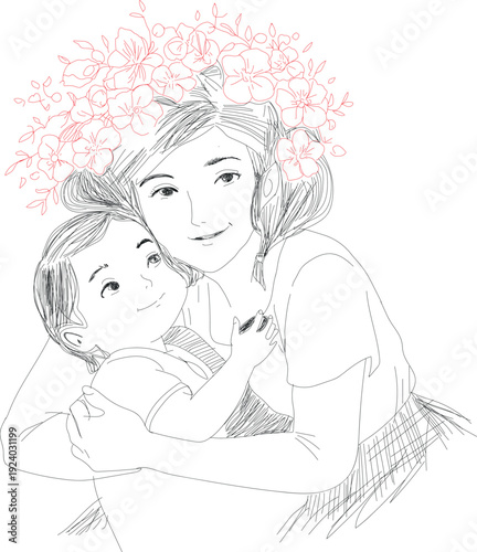 Beautiful hand drawn sketch portrays a tender moment of affection between a loving mother wearing a crown of delicate flowers and her cheerful young child embracing closely together.