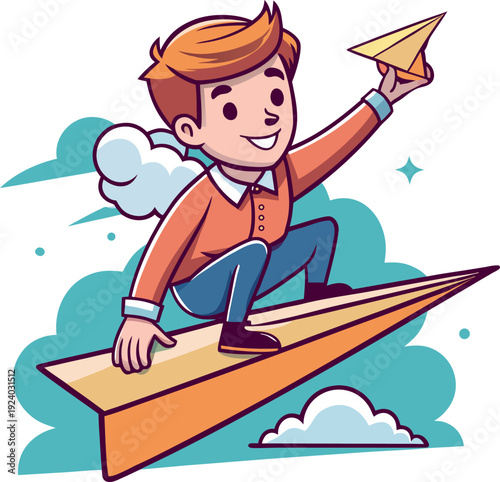 Back to school concept with happy student riding paper airplane vector design