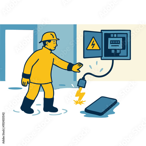 Worker in flooded area with exposed live electrical wire