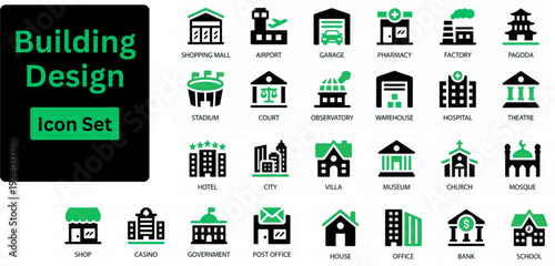 Silhouette vector of Building Design icon set. Icons of home, industry, skyscrapers, church, museum, school. Solid icons set.