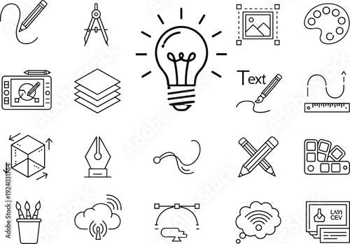 Graphic design icons, creative tools, digital art symbols, idea innovation light bulb, palette compass, 3D cube modeling, cloud connectivity, vector editing pictograms