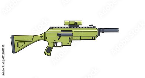 assault, rifle, gun, weapon, firearm, cartoon, illustration, isolated, white, military, army, combat, tactical, shooter, battle, defense, attack, war, ammo, magazine, barrel, trigger, stock, sight, mo