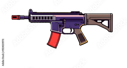 weapon, assault, rifle, gun, firearm, cartoon, illustration, isolated, white, military, army, combat, tactical, shooter, battle, defense, war, ammo, magazine, barrel, trigger, stock, sight, modern, au