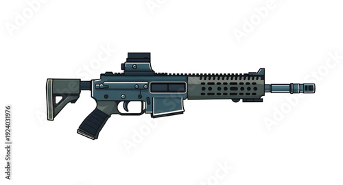 weapon, assault, rifle, gun, firearm, cartoon, illustration, isolated, white, military, army, combat, tactical, shooter, battle, defense, war, ammo, magazine, barrel, trigger, stock, sight, modern, au