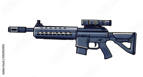 weapon, assault, rifle, gun, firearm, cartoon, illustration, isolated, white, military, army, combat, tactical, shooter, battle, defense, war, ammo, magazine, barrel, trigger, stock, sight, modern, au