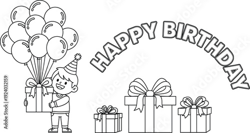 Happy Birthday Coloring Page Vector, Cute Boy With Balloons And Gift Boxes Outline Illustration, vector illustration