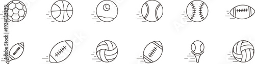 Sports Balls Line Icons Set, Soccer, Basketball, Baseball, Volleyball And American Football Collection, vector illustration