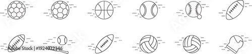 Sports Balls And Equipment Line Icons Set, Soccer, Basketball, Baseball And American Football Collection, vector illustration