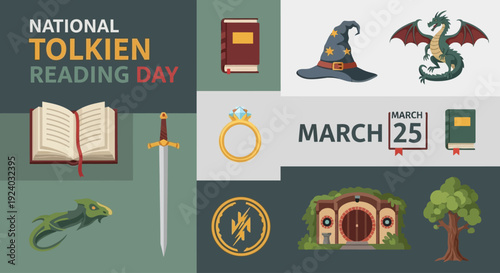 National Tolkien Reading Day icons and symbols for fantasy literature