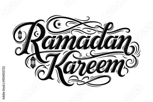 Ramadan kareem calligraphy vector with lanterns for religious celebration