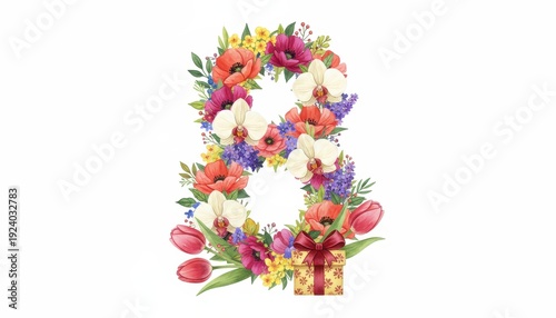 Floral number eight shaped decoration with tulips and gift box for international womens day celebration