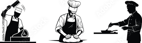 Three silhouettes of chefs in different kitchen poses with utensils and food