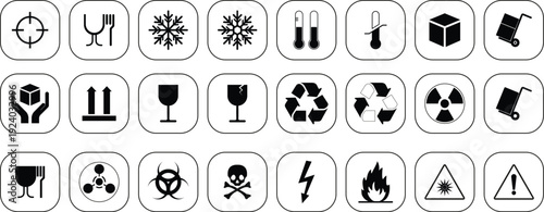 Comprehensive set of 24 safety and warning icons for industrial packaging featuring hazard symbols for radioactive, biohazard, toxic, and high voltage materials.
