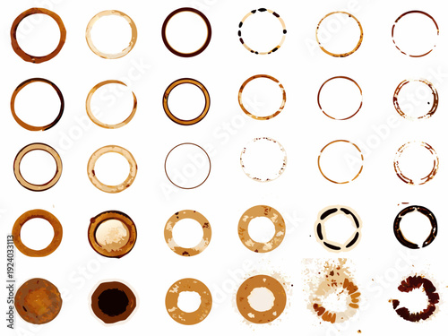 Collection of coffee rings and stains arranged in a grid pattern