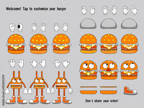 Interactive burger building game interface with customizable components