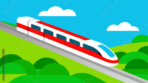 Cartoon train speeding through landscape