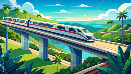 Train crossing bridge in tropical scene