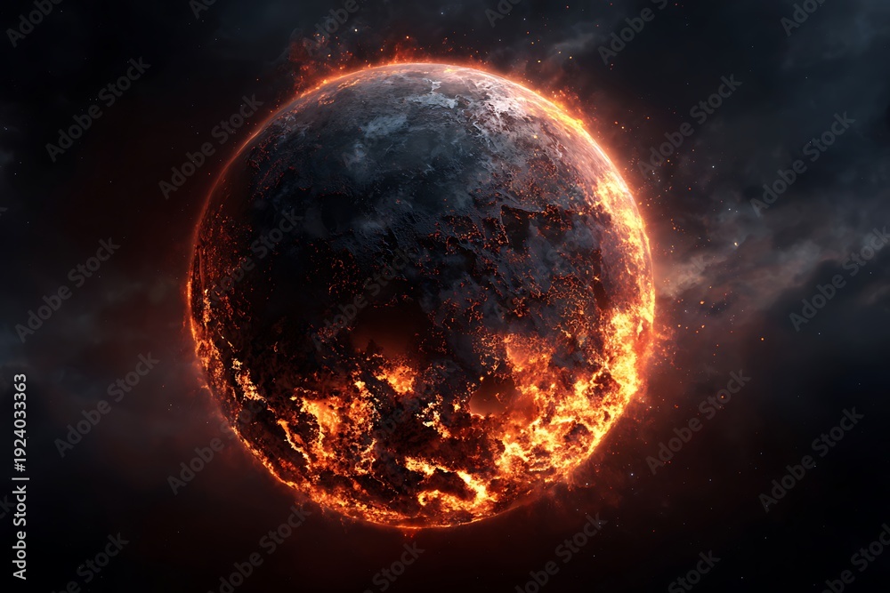 Naklejka premium Dramatic planet engulfed in fiery flames against a dark cosmic background