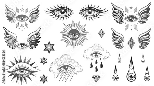 Mystical eyes and celestial symbols in a black and white illustration