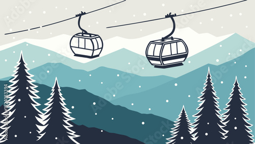 Winter landscape with ski lift and forest