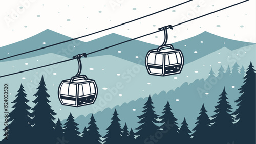 Two gondolas over a winter landscape view