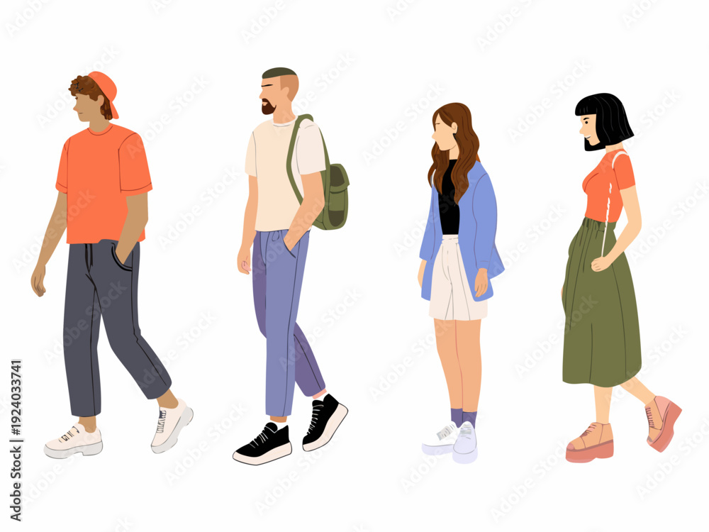 Fototapeta premium Four diverse people standing in a row illustrated in a minimalist style