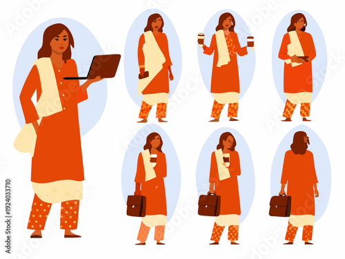 Illustrations of a woman in traditional clothing performing various everyday tasks