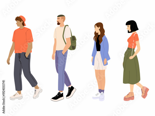 Four diverse people standing in a row illustrated in a minimalist style