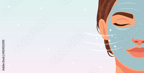 Vector illustration woman with a clay mask on her face, moisturizing, cleansing, enriched with vitamins, minerals. Pastel colors. Design with a place for text to advertise cosmetics, skin care blogs