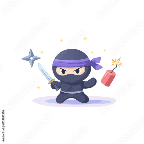 Ninja Cartoon Character With Sword And Shuriken Vector Illustration. Cute Warrior Mascot With Dynamite Bomb And Martial Arts Theme Design