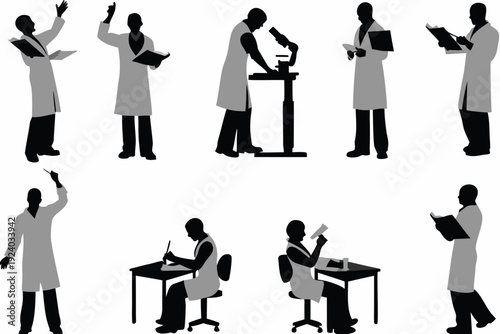 Scientists in lab coats engaged in various research activities