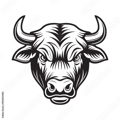 Powerful bull showcases bold black design with prominent horns on a white backdrop