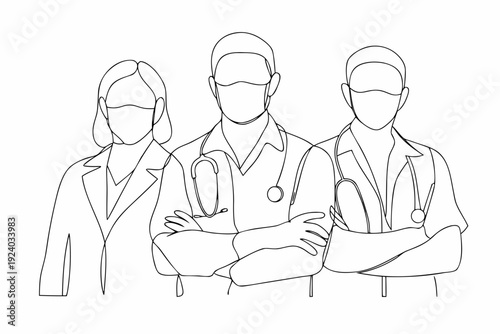 Line art illustration of three medical professionals in protective gear