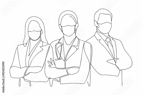 Line art illustration of three healthcare professionals wearing face masks