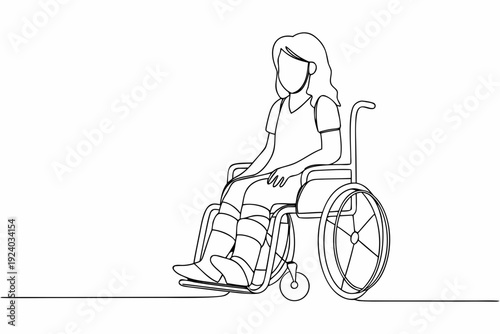 Line drawing of a woman seated in a wheelchair with leg casts