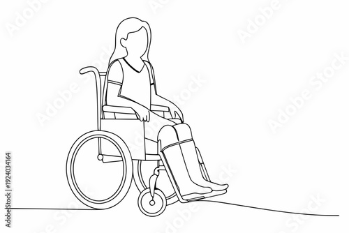 Line drawing of a woman in a wheelchair facing towards the right
