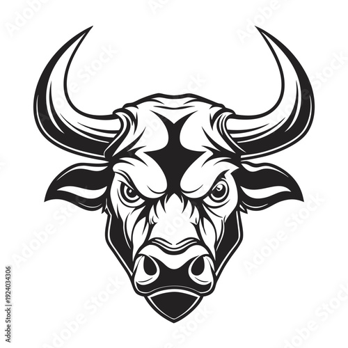 Powerful bull showcases bold black design with prominent horns on a white backdrop